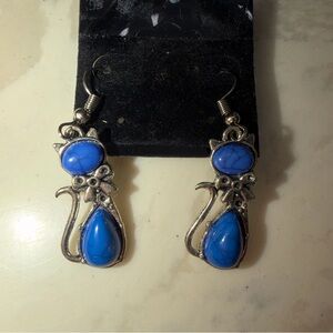 Blue Lapis Dangle Cat Silver Theme Earrings